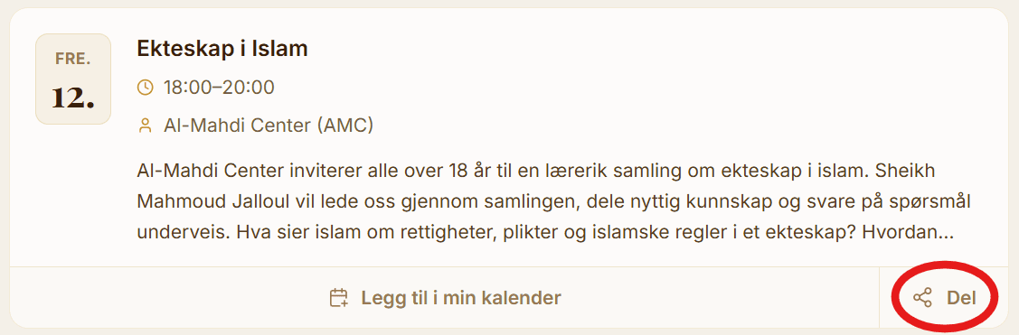 Et arrangement med delingsknappen Del nederst til høyre.